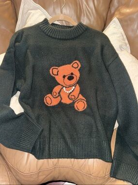 Dark Green Women's Sweater with Orange Teddy Motif